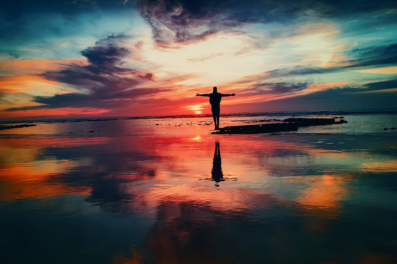 ocean, sunset, person